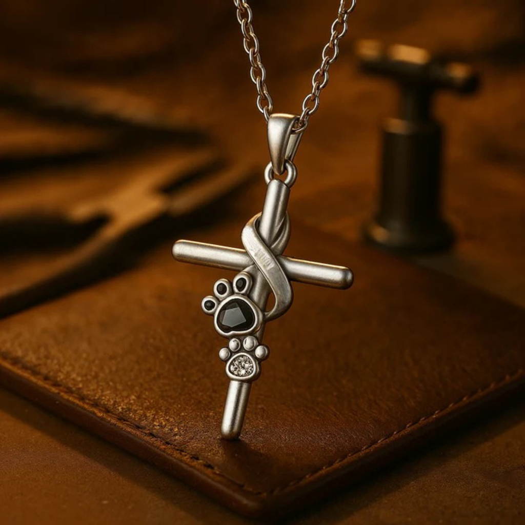 Silver Pendant Featuring Paw Print and Cross Design