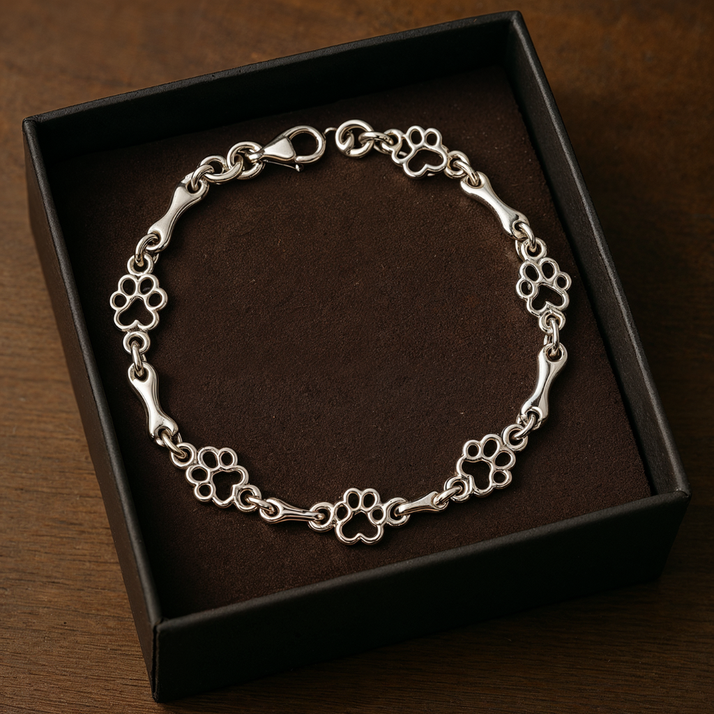 Silver Bracelet Featuring Dog Paw and Bone Charms