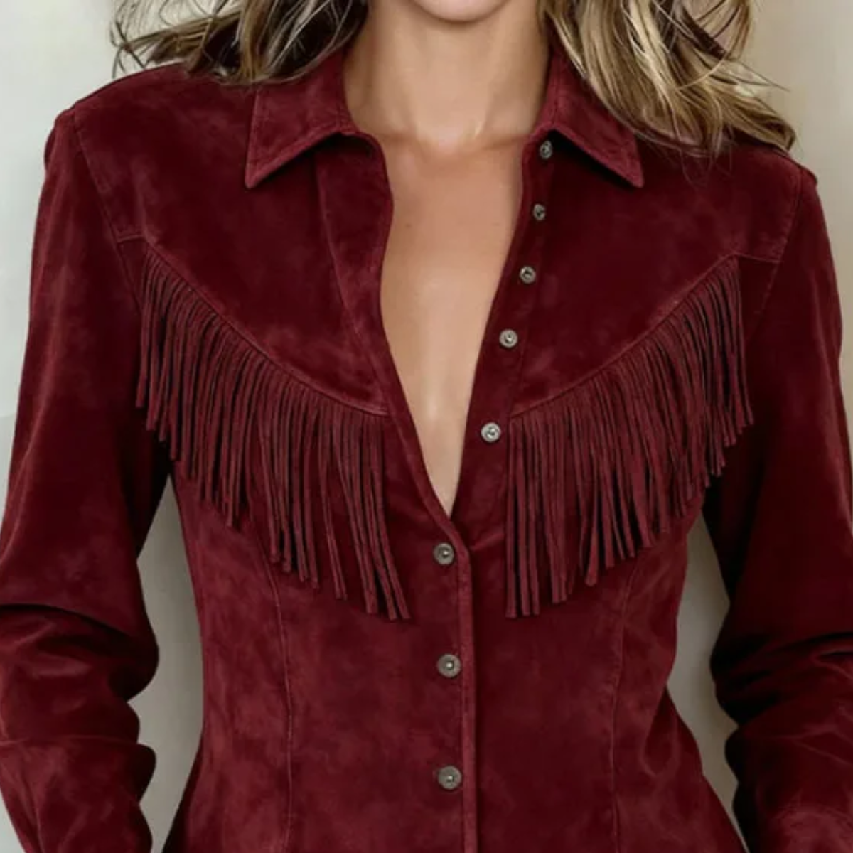 Sophia | Fringe Suede Button-Up Blouse