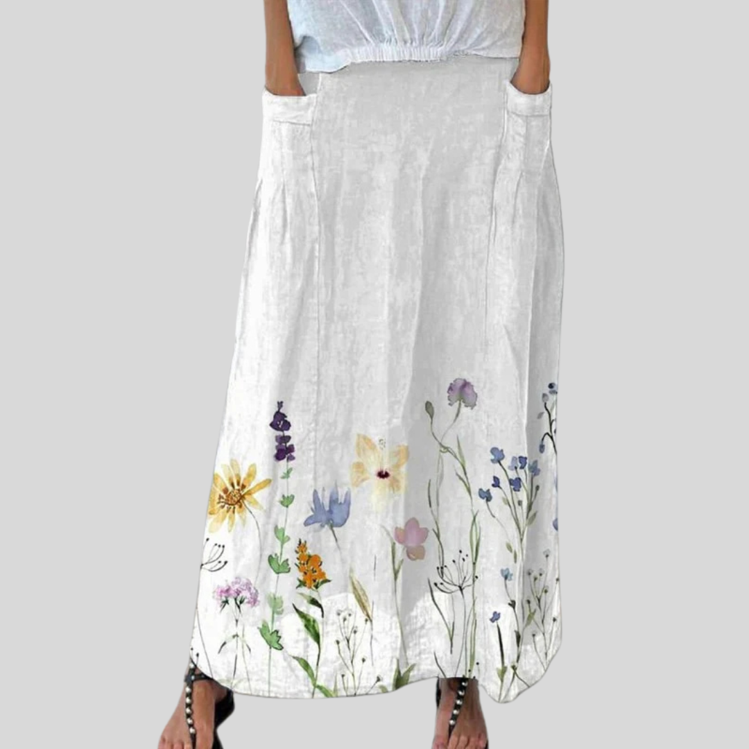 Watercolour Spring Meadows Art Printed Women's Linen Elastic Waistband Pocket Skirt