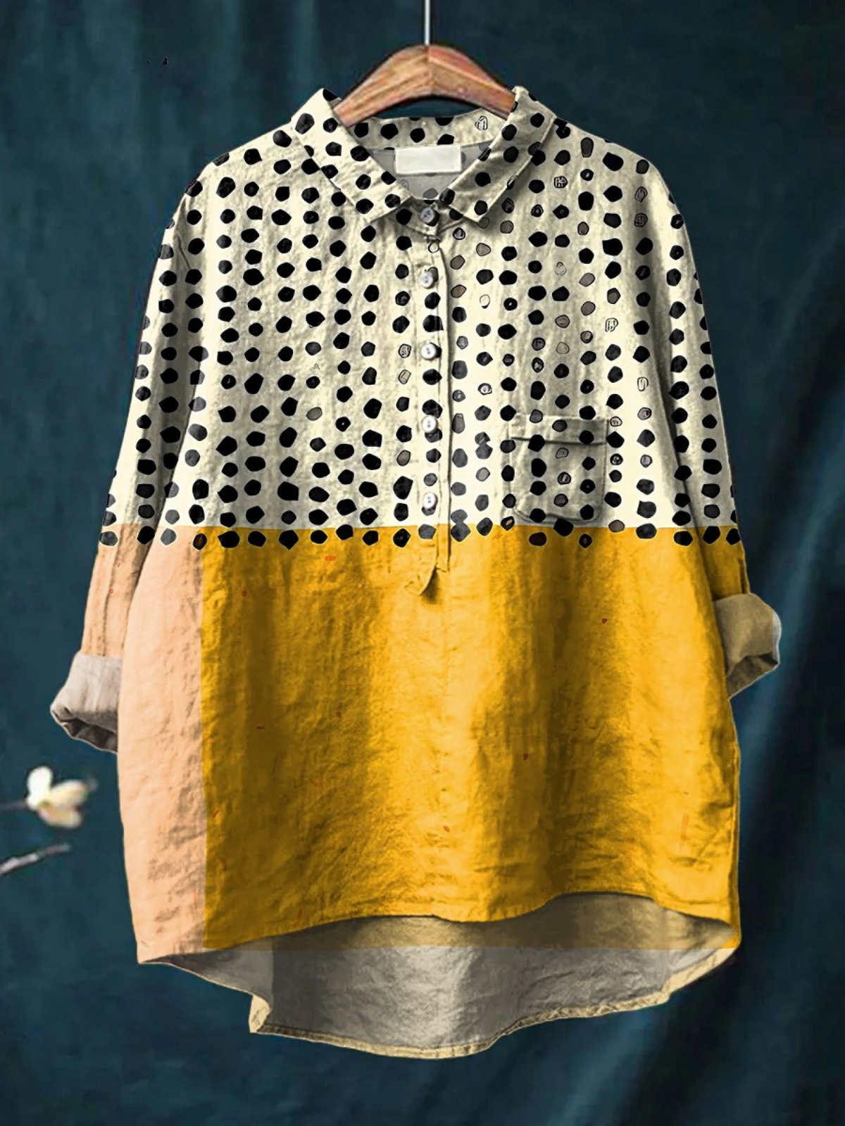 Alessia | Women's Yellow Colour-blocked Dots Print Casual Shirt