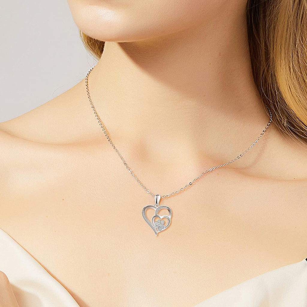 Sterling Silver Paw Print and Heart Necklace Adorned with Zirconia