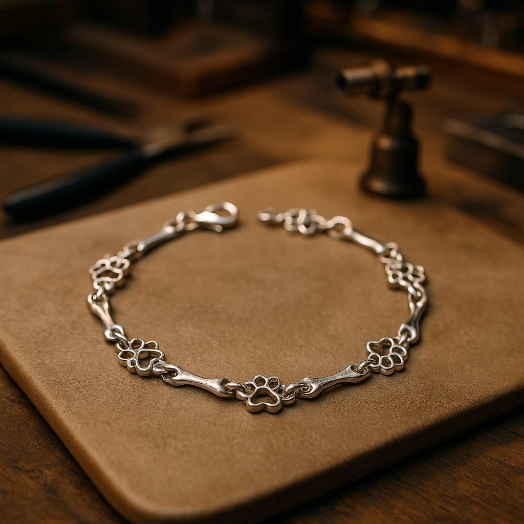 Silver Bracelet Featuring Dog Paw and Bone Charms