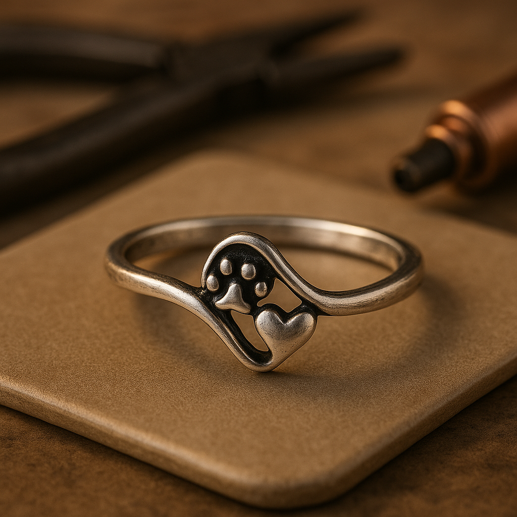 Classic Silver Ring Featuring Paw Print and Heart Design