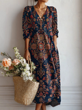 Women's Retro Floral Linen Dress with Pockets