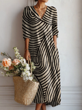 Women's Vintage-Inspired Abstract Geometric Print Linen Pocket Dress