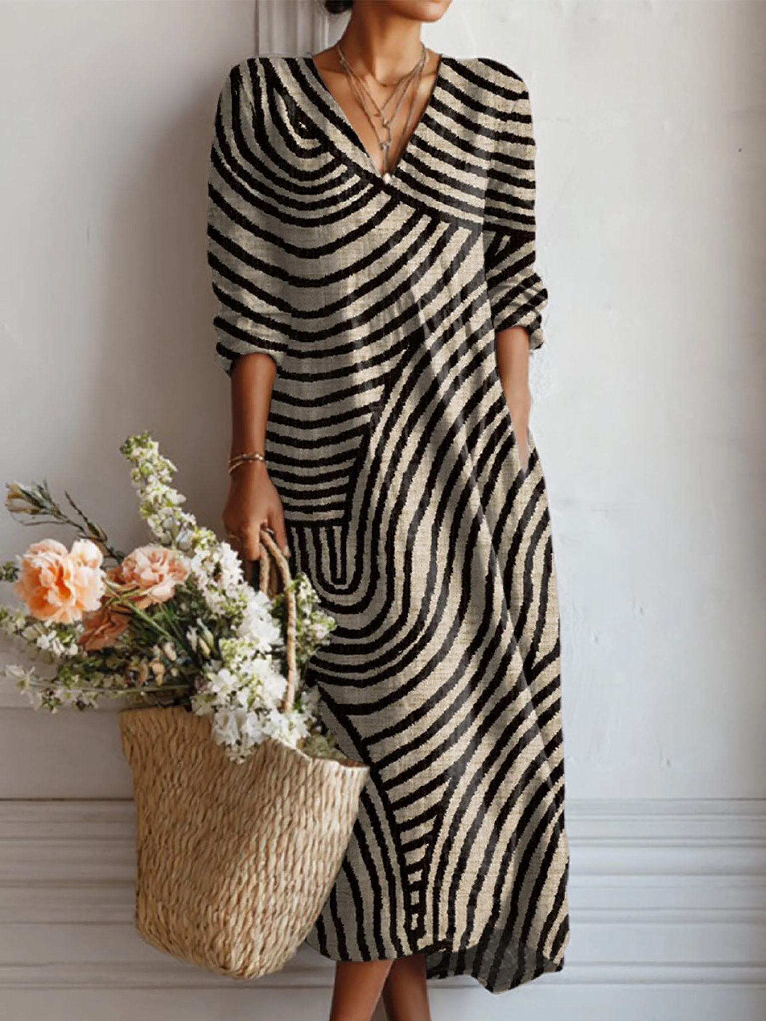 Women's Vintage-Inspired Abstract Geometric Print Linen Pocket Dress