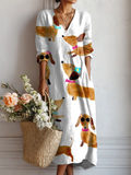 Women's Linen Pocket Dress featuring Vintage Dachshund Art Print