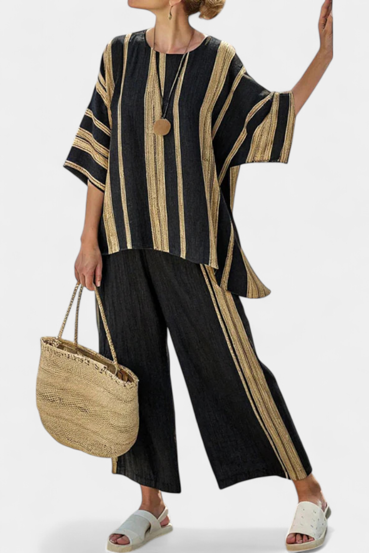 Tamara – comfortable striped loose top and casual linen trousers