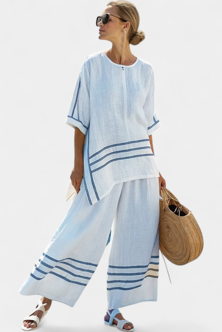 Vittorina – sophisticated asymmetric striped top and bold trousers