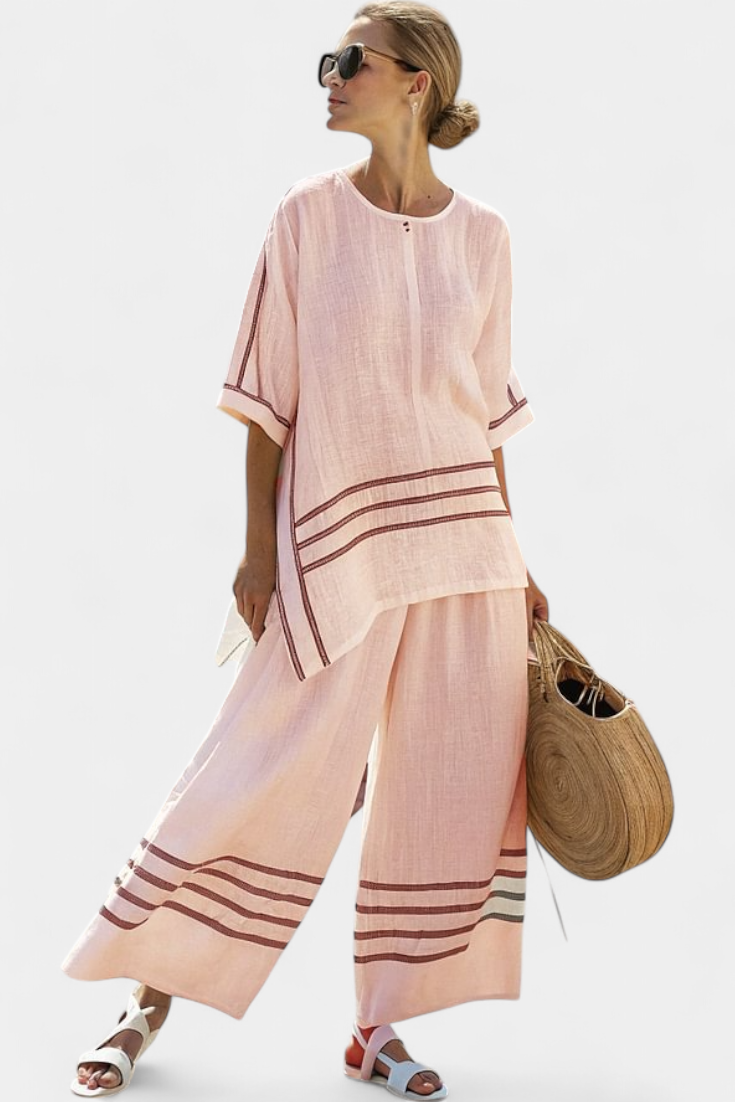 Vittorina – sophisticated asymmetric striped top and bold trousers