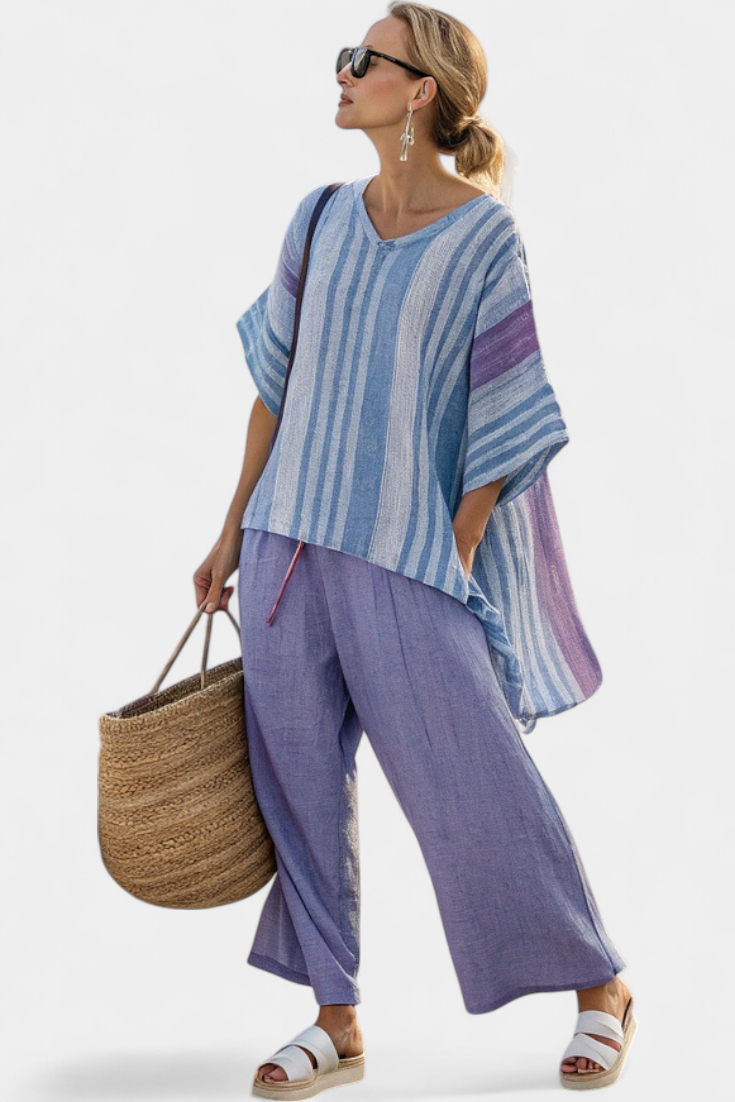 Carlotta – Elegant lavender and sky blue top with linen trousers