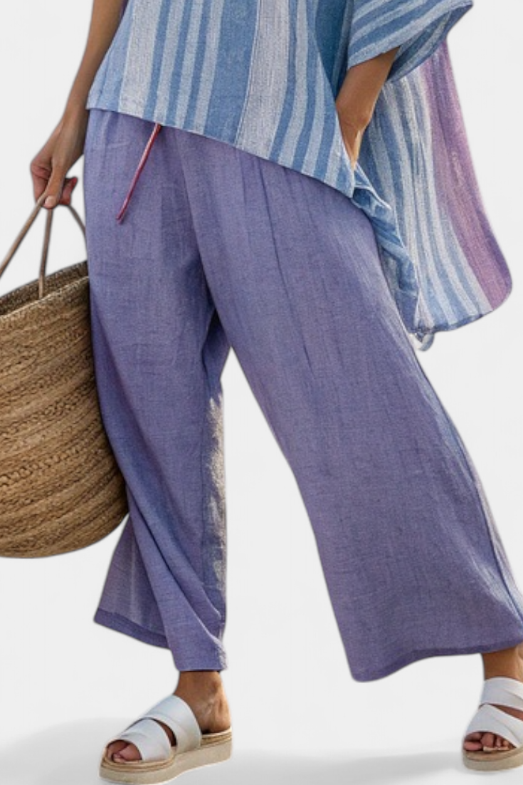 Carlotta – Elegant lavender and sky blue top with linen trousers