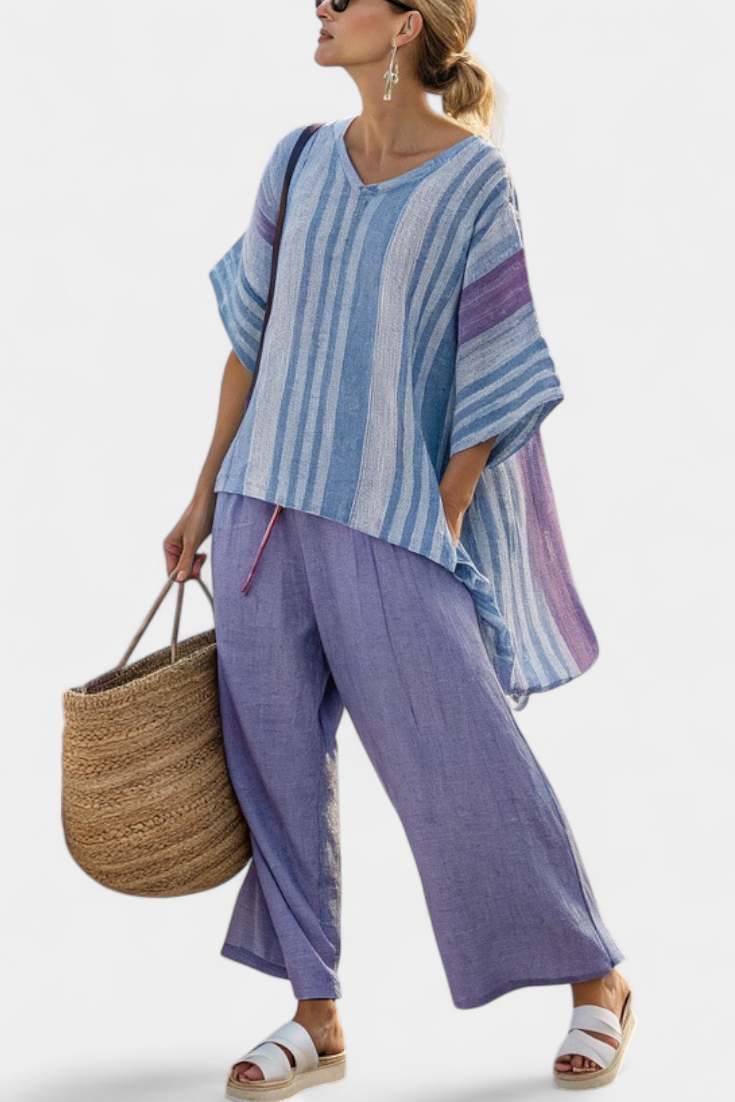 Carlotta – Elegant lavender and sky blue top with linen trousers
