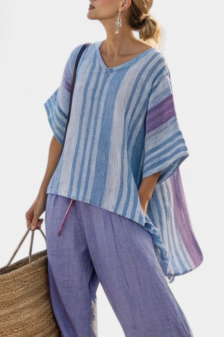 Carlotta – Elegant lavender and sky blue top with linen trousers