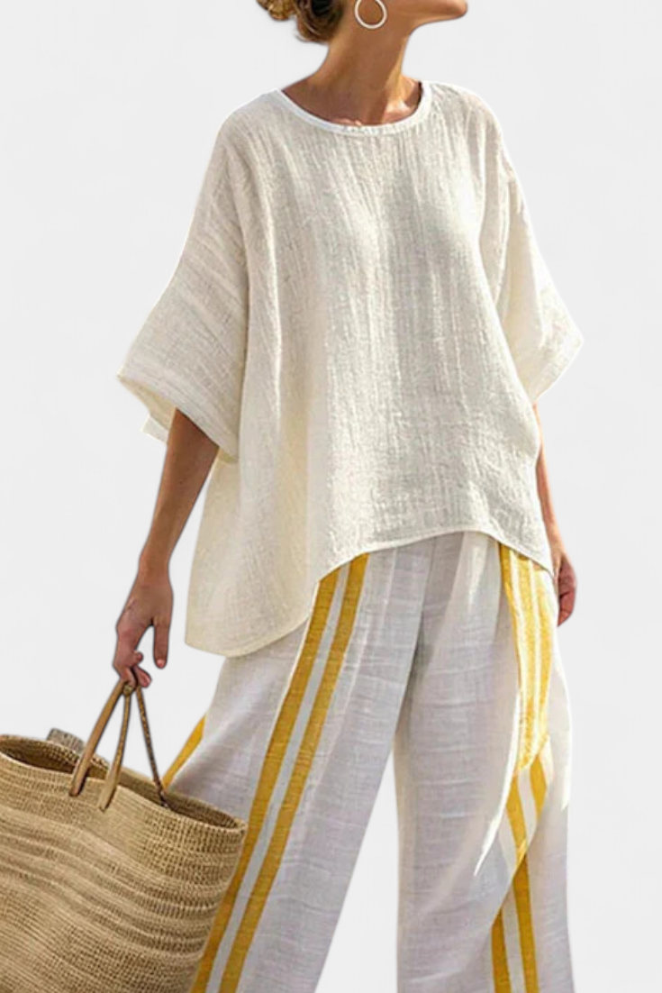 Arianna – elegant yellow striped linen top and wide-leg trousers