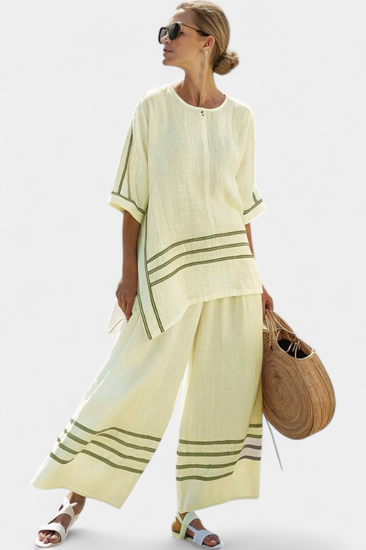 Vittorina – sophisticated asymmetric striped top and bold trousers