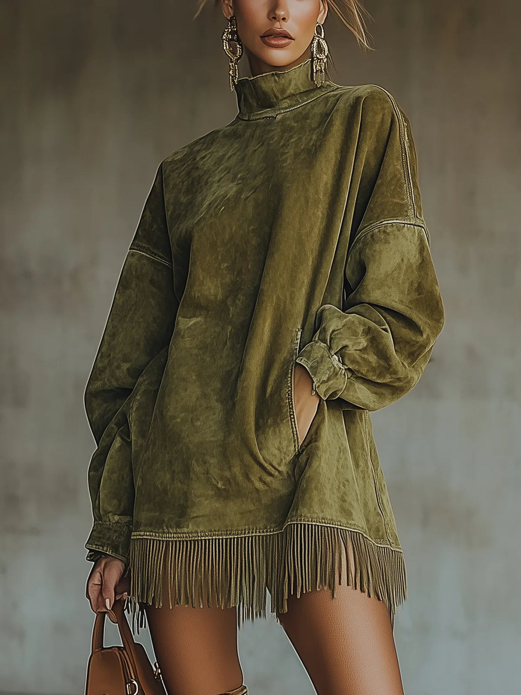 Darcie | Turtleneck Dress with Suede Fringe