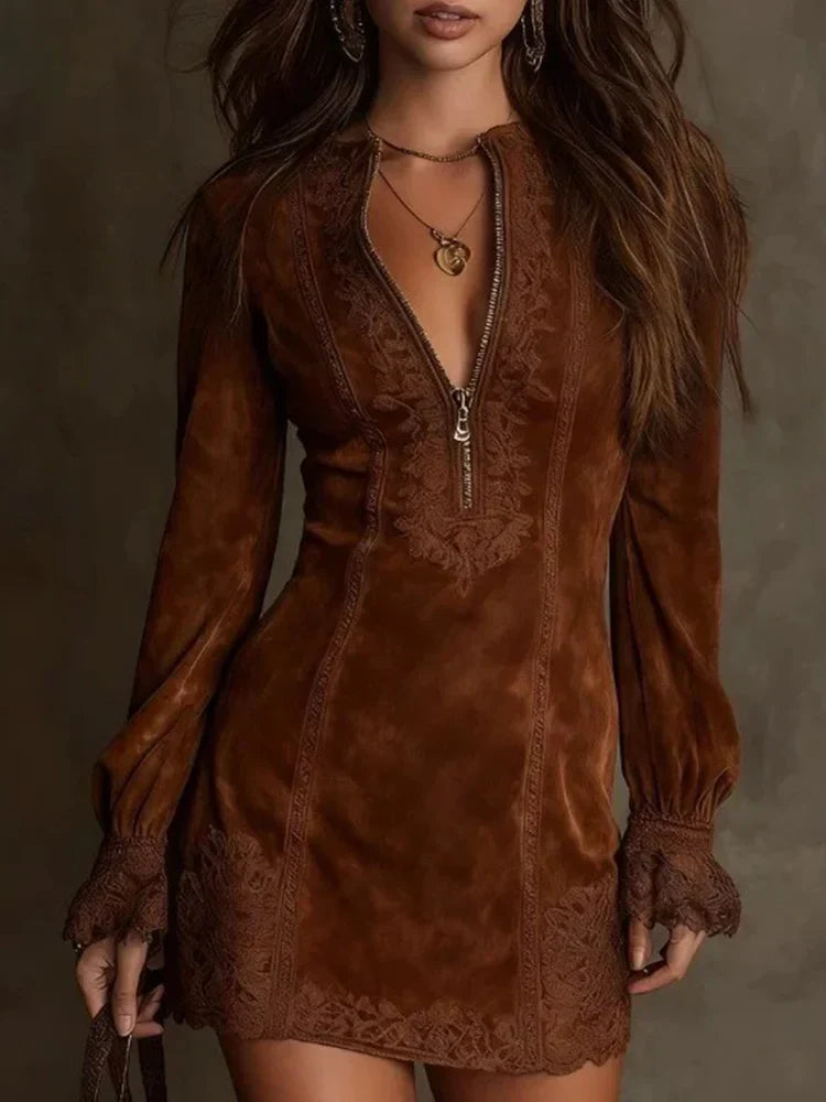 Alison | Short Suede Lace Dress Feminine & Sophisticated