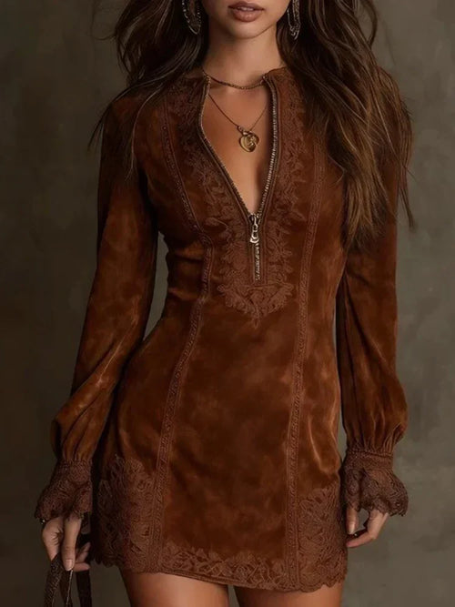 Alison | Short Suede Lace Dress Feminine & Sophisticated