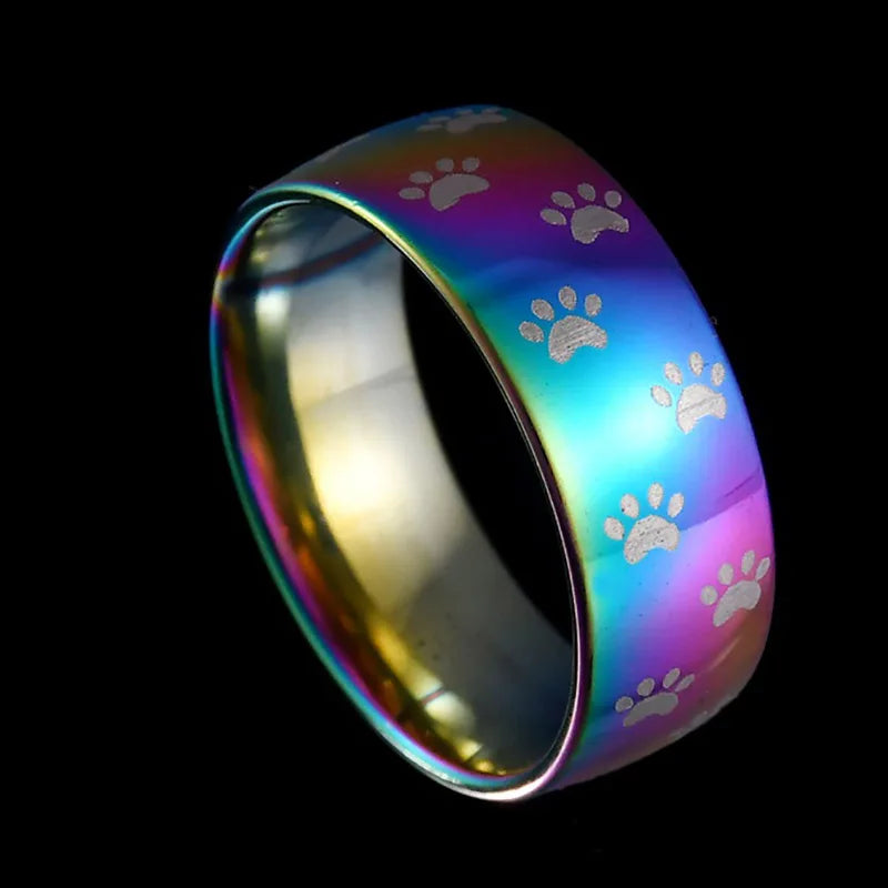 Artisan Rainbow Stainless Steel Ring Featuring a Paw Print