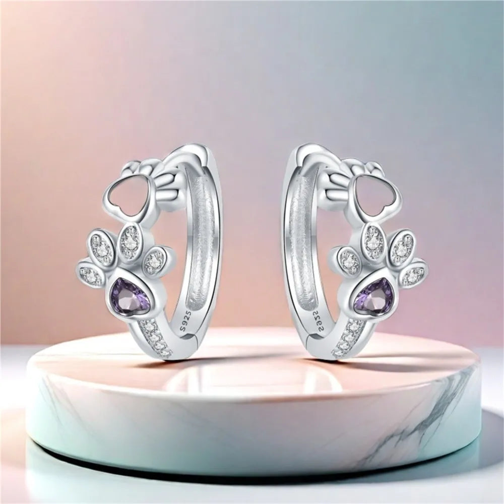 Heart-Shaped Gemstone Silver Earrings with Paw Print