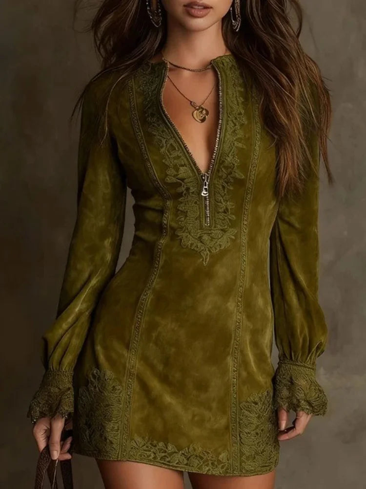 Alison | Short Suede Lace Dress Feminine & Sophisticated