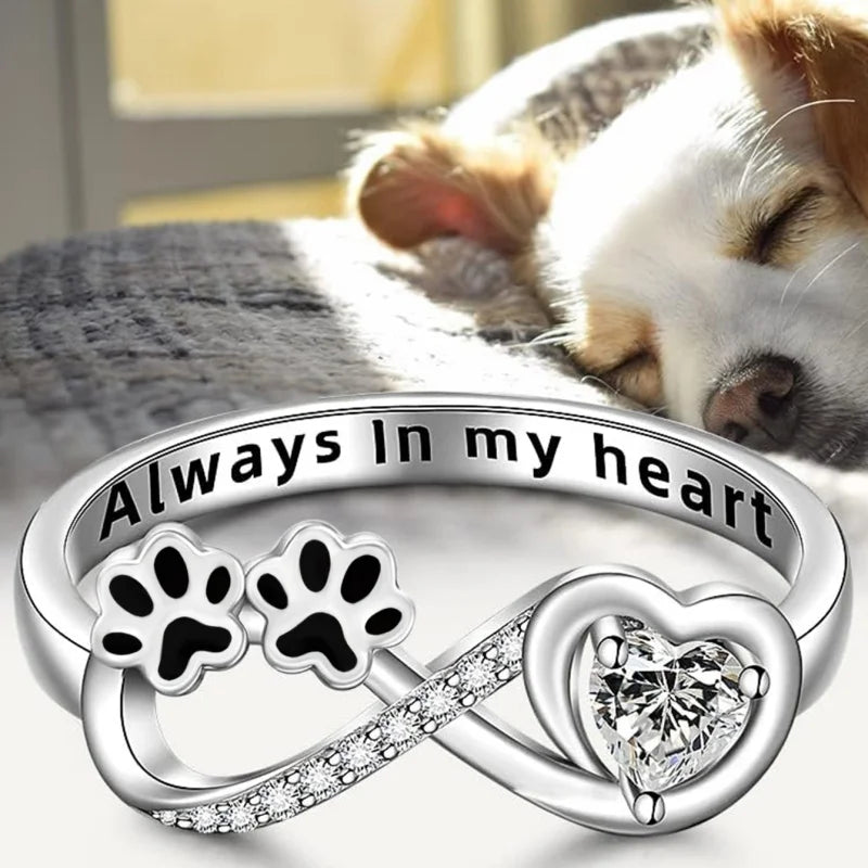 Paw-Shaped Zirconia Ring with Heart and Infinity Symbol