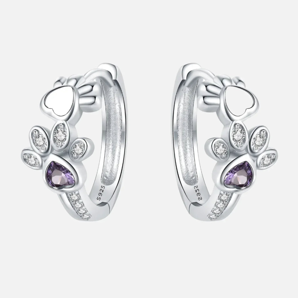 Heart-Shaped Gemstone Silver Earrings with Paw Print