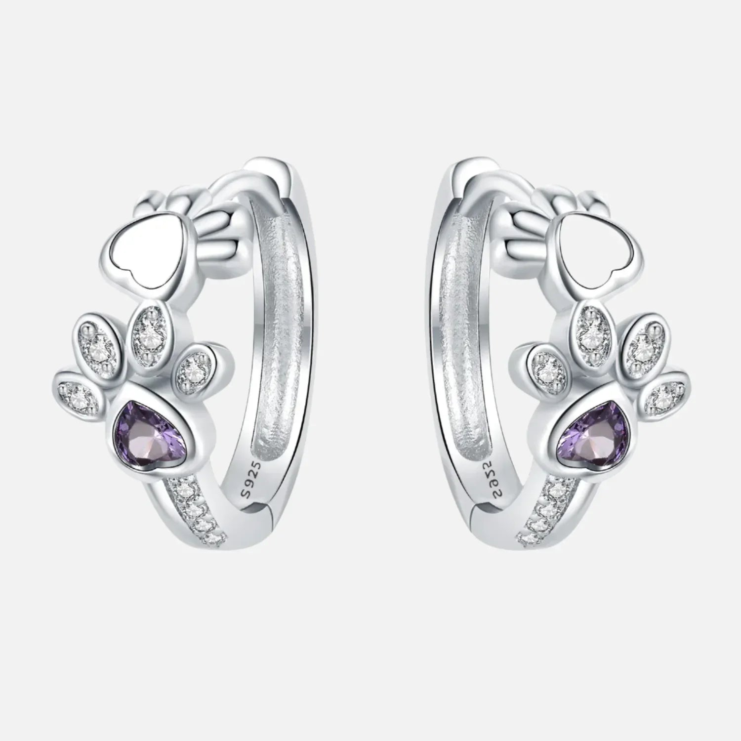 Heart-Shaped Gemstone Silver Earrings with Paw Print