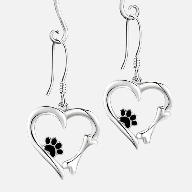 Heart and Paw Print Design Silver Dangle Earrings