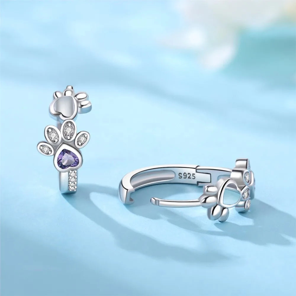 Heart-Shaped Gemstone Silver Earrings with Paw Print