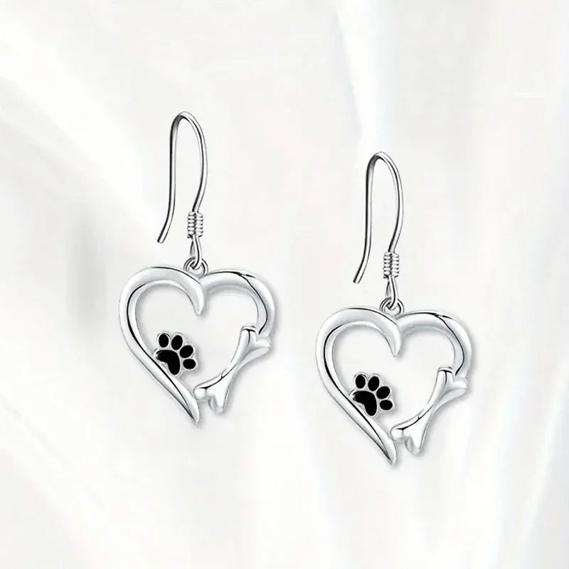 Heart and Paw Print Design Silver Dangle Earrings