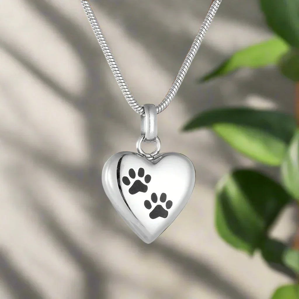 Heart-Shaped Paw Print Pendant Necklace for Pet Memorial