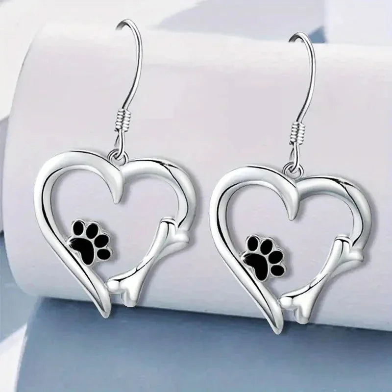 Heart and Paw Print Design Silver Dangle Earrings