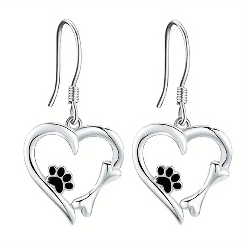 Heart and Paw Print Design Silver Dangle Earrings