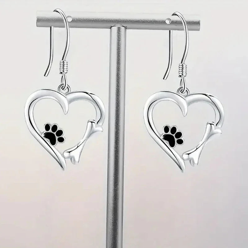 Heart and Paw Print Design Silver Dangle Earrings