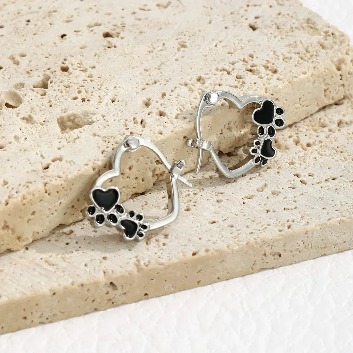 Heart-Shaped Huggie Earrings with Black Enamel