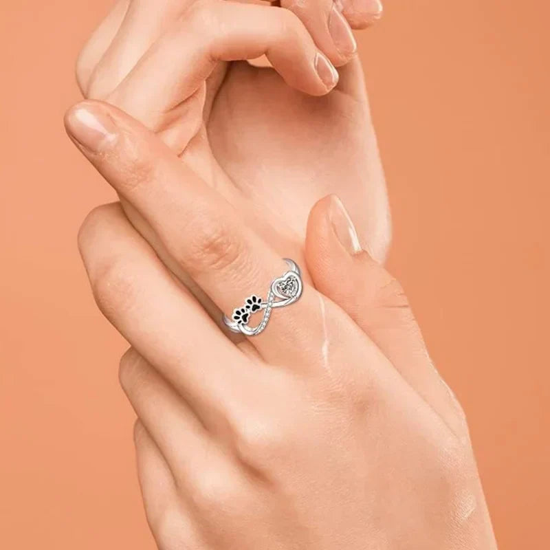 Paw-Shaped Zirconia Ring with Heart and Infinity Symbol