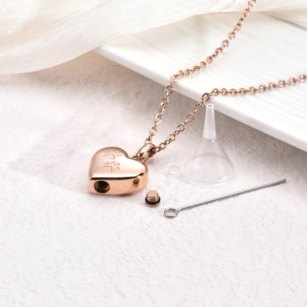 Heart-Shaped Paw Print Pendant Necklace for Pet Memorial