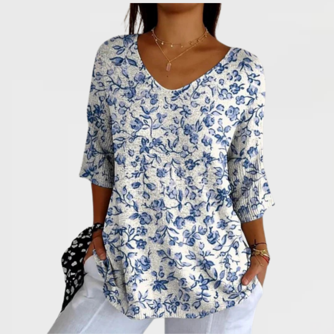 Amelia | Women's Small Blue Flowers Print Casual Pullover