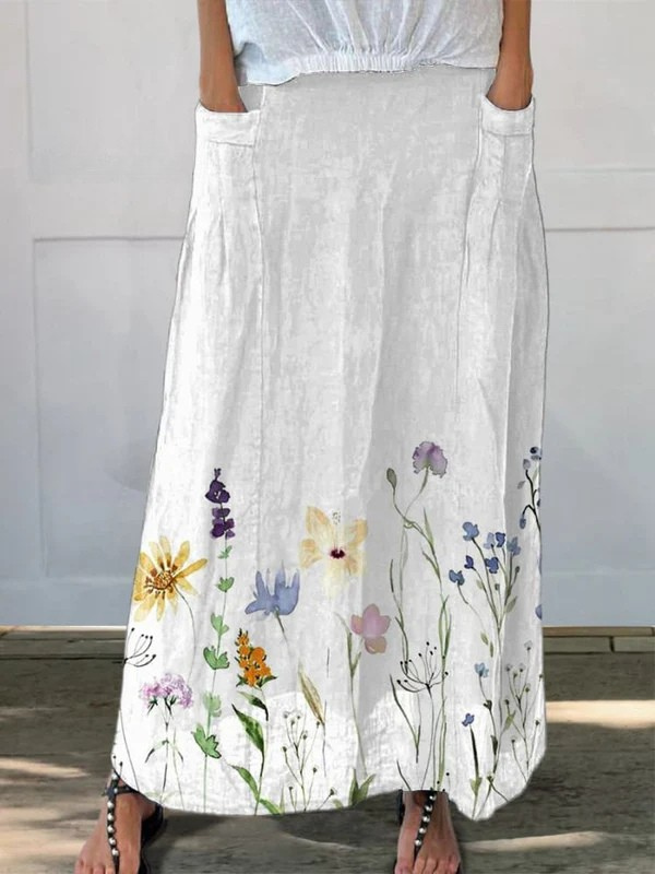 Watercolour Spring Meadows Art Printed Women's Linen Elastic Waistband Pocket Skirt