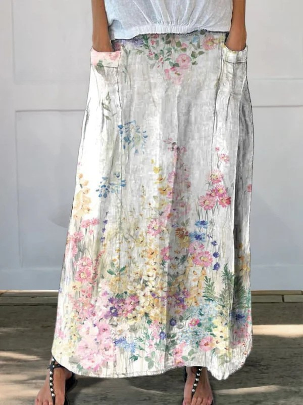 Women's Vintage Botanical Floral Linen Elastic Waistband Pocket Skirt