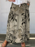 Women's Retro Floral Art Linen Elastic Waistband Pocket Skirt