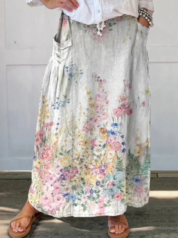 Women's Retro Elegant Floral Art Linen Elastic Waistband Pocket Skirt