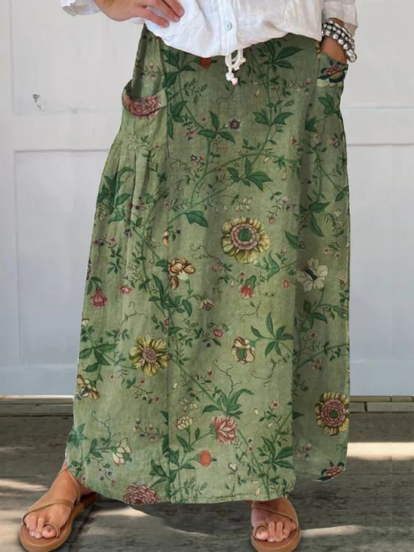 Women's Retro Art Print Linen Pocket Skirt