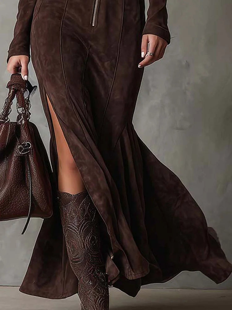 Julina - Elegant Long Suede-Look Dress