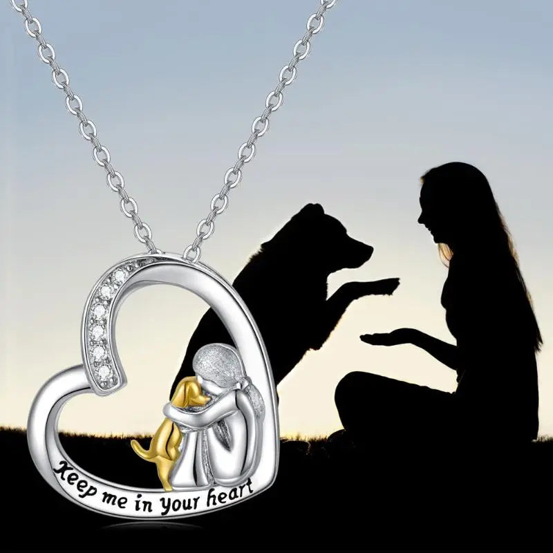 Silver Heart Necklace Featuring Dog Design and Zirconia Stones