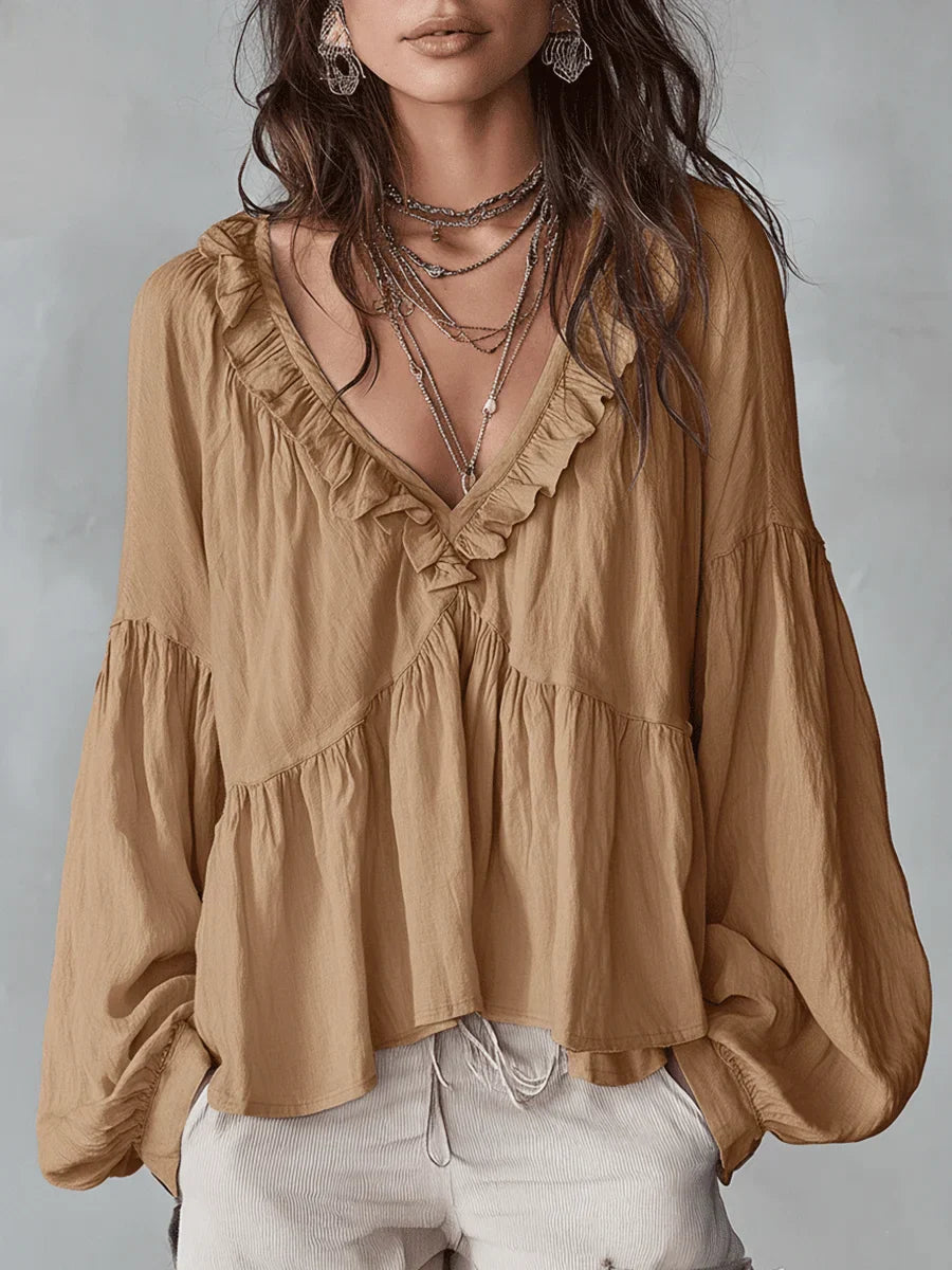 Narella - Blouse with V-neck and Ruffles