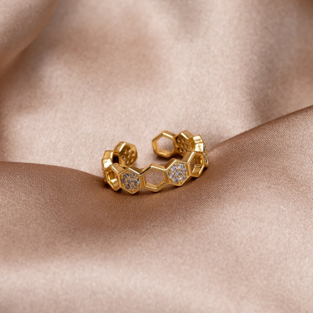 Bee-Inspired Gold and Crystal Ring